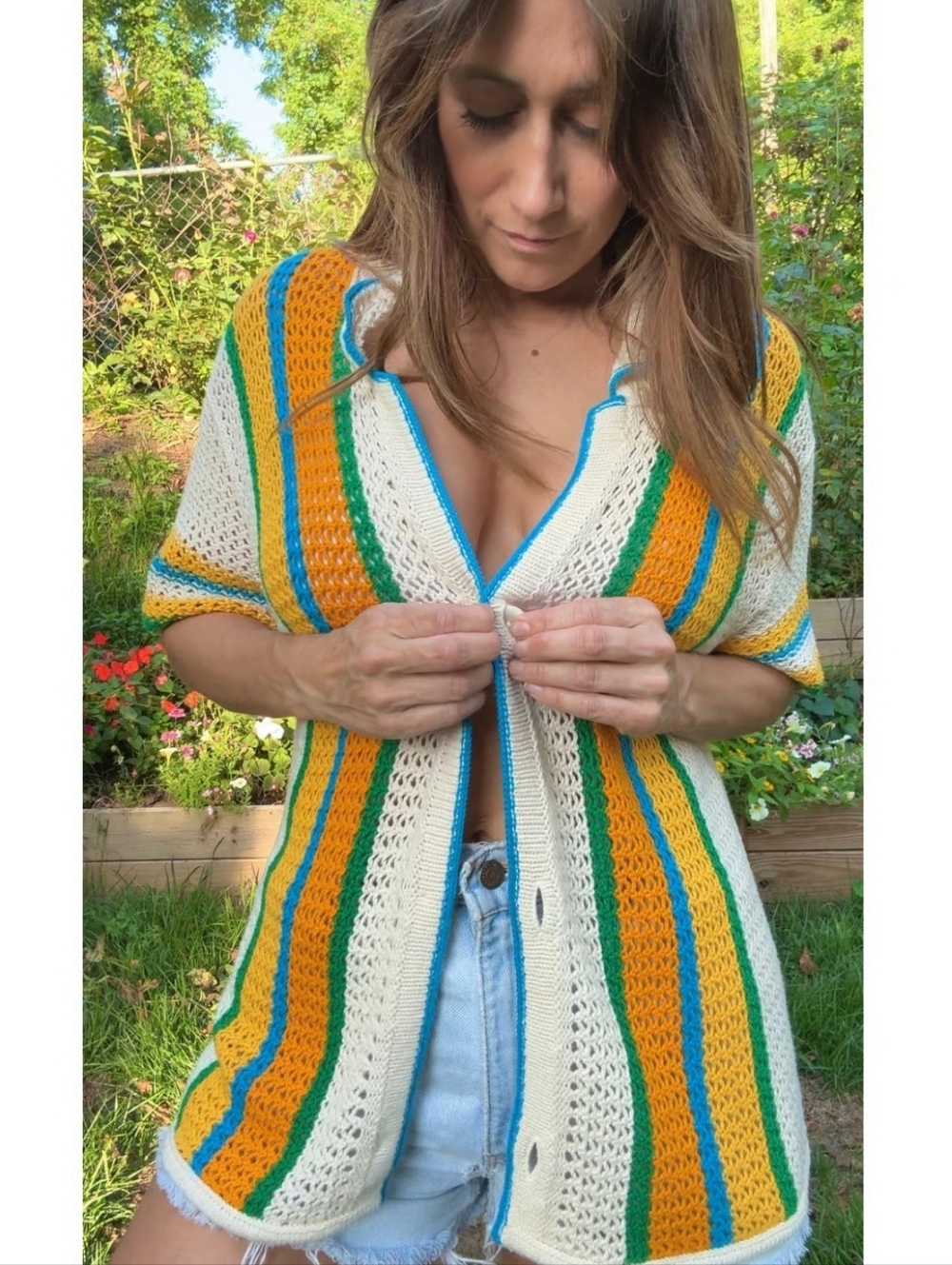 Crochet Matching Set XL Striped Shorts Button Top Vacation Resort Summer